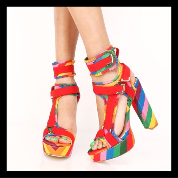 🌈Host Pick Rainbow Lycra Chunky Platform Heels - Picture 2 of 4